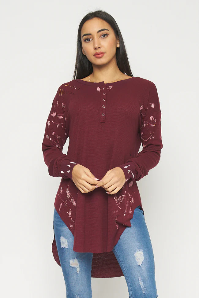 Long Sleeve Destroyed Knit T-shirt Top