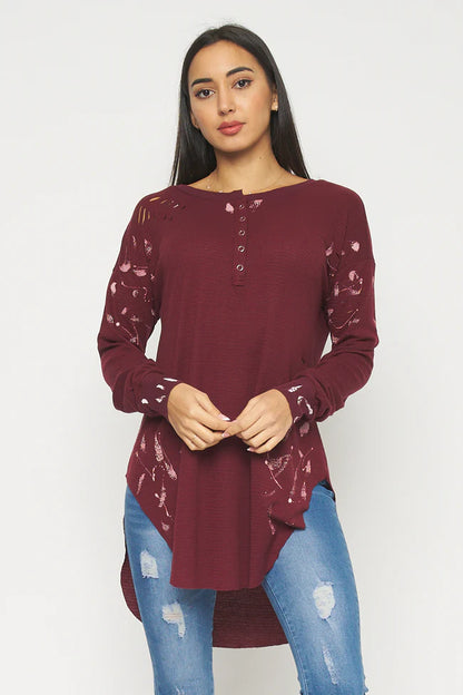 Long Sleeve Destroyed Knit T-shirt Top