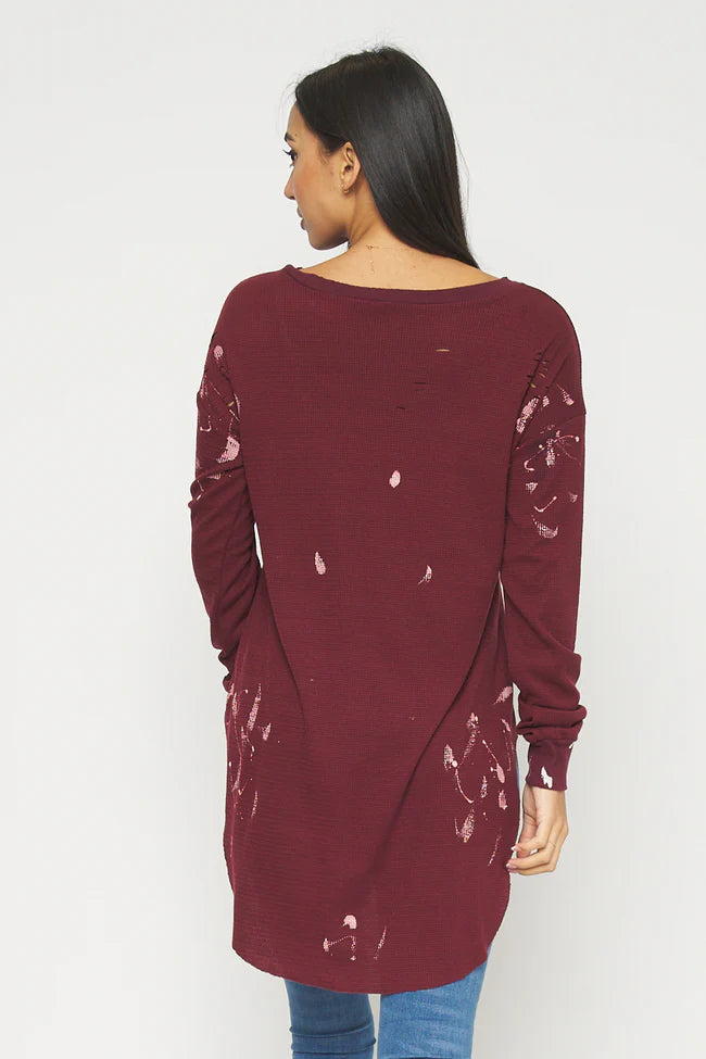 Long Sleeve Destroyed Knit T-shirt Top