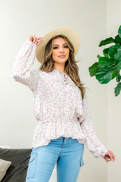 Long Sleeve Floral Print Top Elastic on Waist