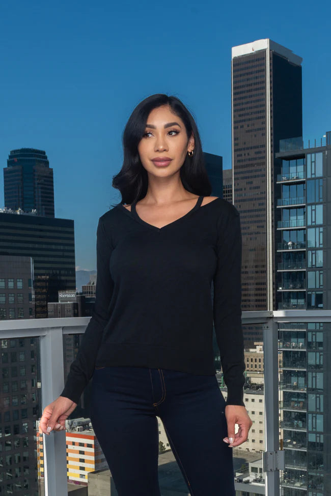 Long Sleeve V-Neck Knit Top With Cut Out Front Detail in Black