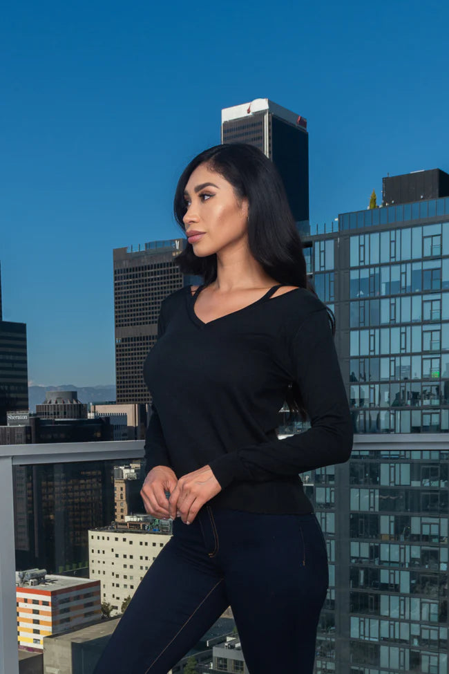 Long Sleeve V-Neck Knit Top With Cut Out Front Detail in Black