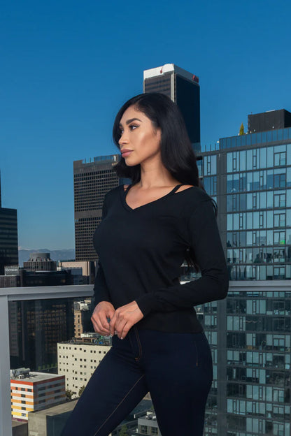 Long Sleeve V-Neck Knit Top With Cut Out Front Detail in Black