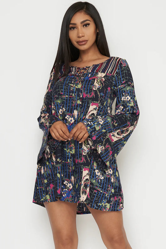 Make a Splash' Multi Color Long Bell Sleeve Mini Dress