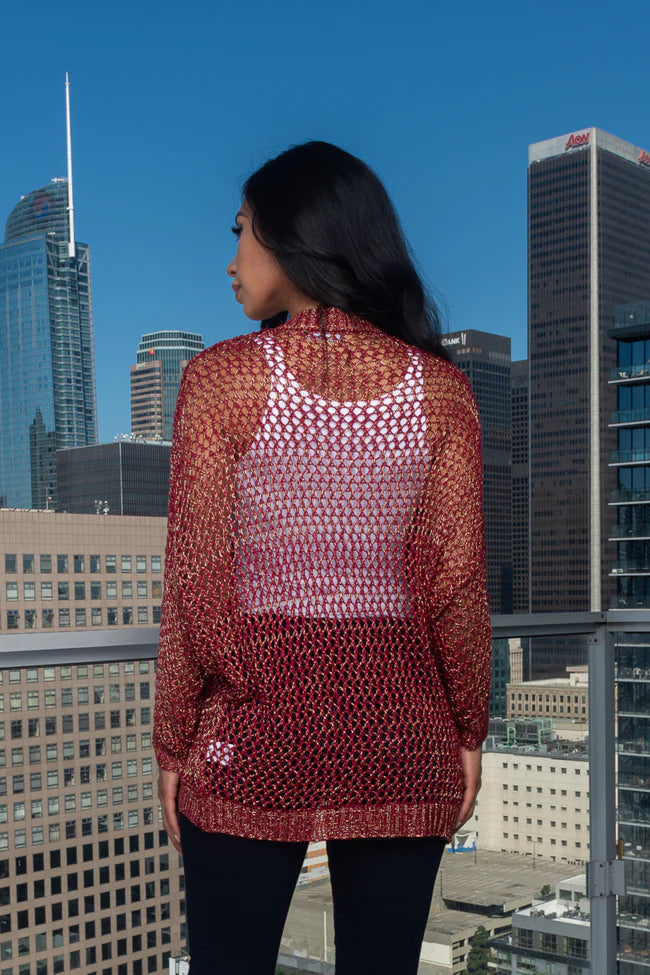 Metallic Open Front Crochet Knit Cardigan Vest