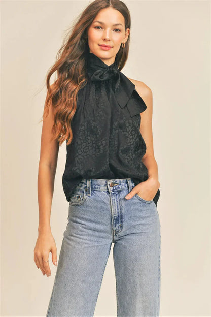 Monochrome Cheetah Animal Sleeveless Tie Neck Halter Top with Bow Detail Blouse