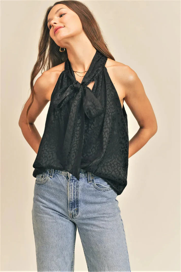 Monochrome Cheetah Animal Sleeveless Tie Neck Halter Top with Bow Detail Blouse