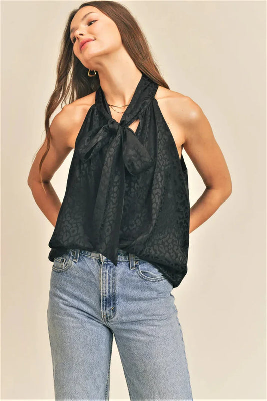 Monochrome Cheetah Animal Sleeveless Tie Neck Halter Top with Bow Detail Blouse