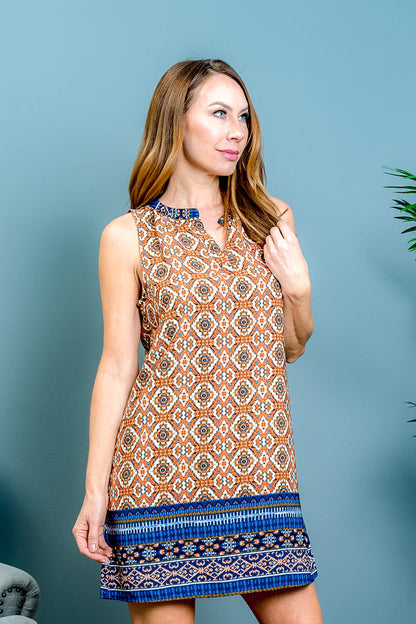 Multi Color Aztec Print Sleeveless Tunic Style Mini Dress in Orange &amp; Blue