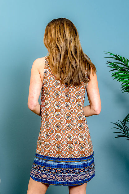 Multi Color Aztec Print Sleeveless Tunic Style Mini Dress in Orange &amp; Blue