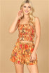Womens Orange Floral Strap Shirred Painterly Crop Top