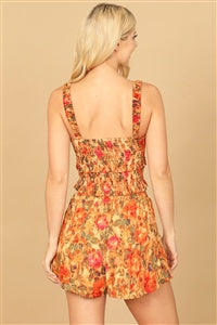 Orange Floral Strap Shirred Painterly Crop Top
