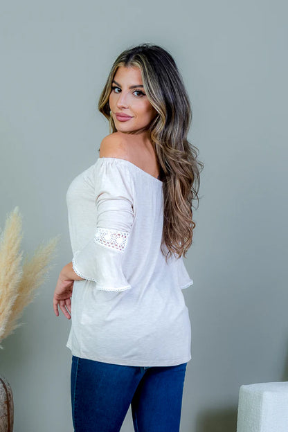 Off Shoulder 3/4 Sleeve Heather Knit Peasant Top with Crochet Knit Lace Trim