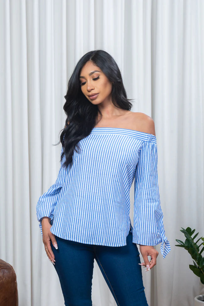 Off Shoulder Striped Long Sleeve Top with Tie Cuffs in Blue &amp; White