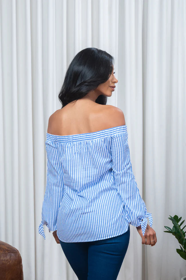 Off Shoulder Striped Long Sleeve Top with Tie Cuffs in Blue &amp; White