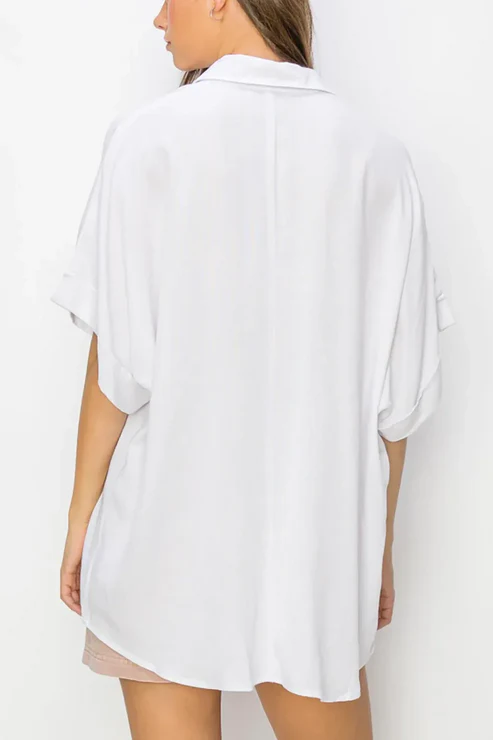 Oversized Button-Down Collared Short Sleeve Polo Top