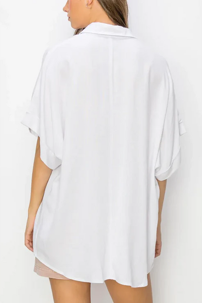 Oversized Button-Down Collared Short Sleeve Polo Top