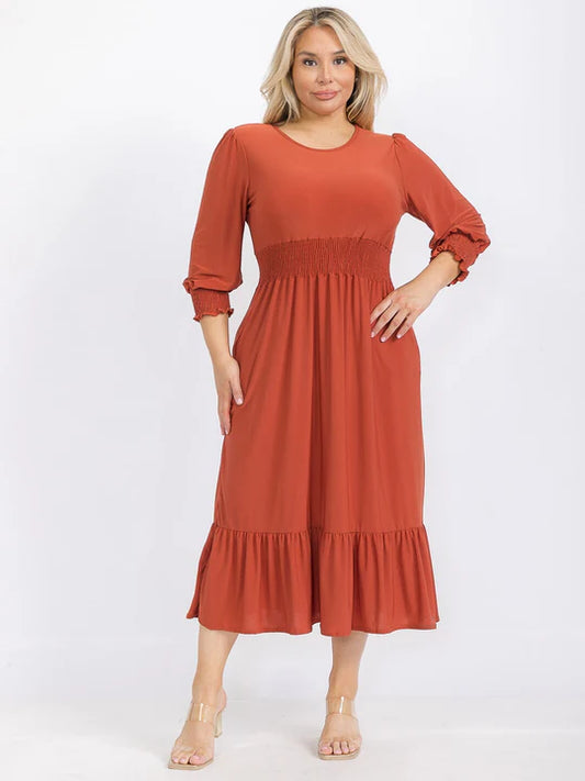 Plus Size 3-4 Sleeve Smock Waist Front Pockets Ruffle Bottom Hem Maxi Dress