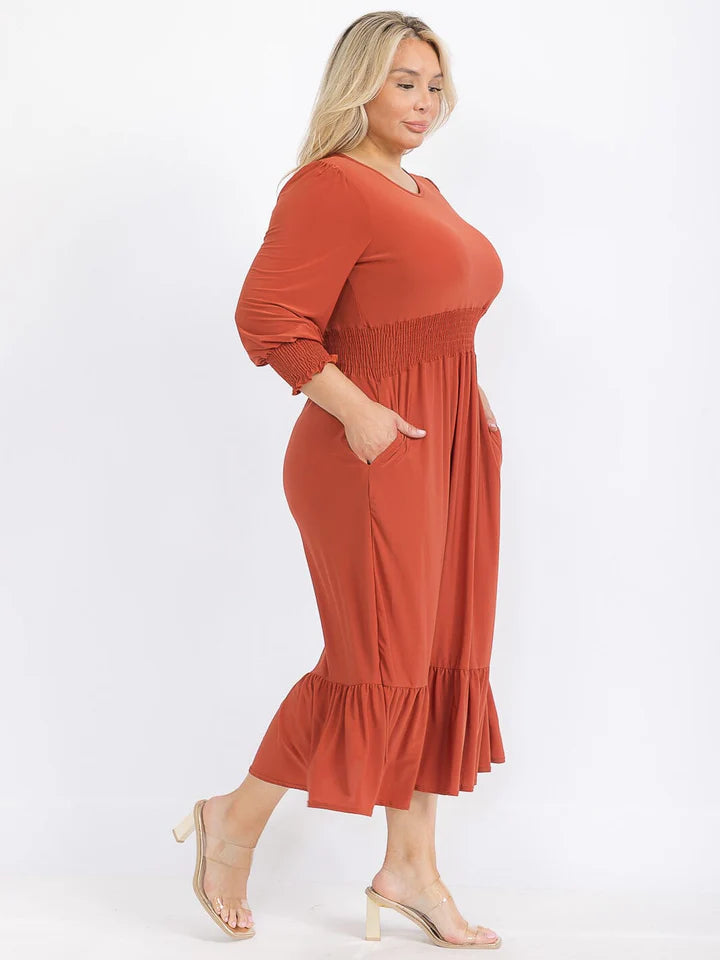 Plus Size 3-4 Sleeve Smock Waist Front Pockets Ruffle Bottom Hem Maxi Dress