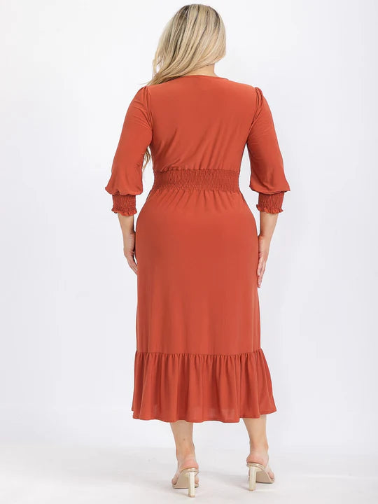 Plus Size 3-4 Sleeve Smock Waist Front Pockets Ruffle Bottom Hem Maxi Dress
