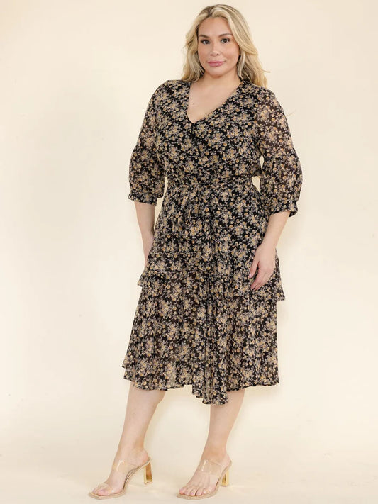 Plus Size 3-4 Sleeves Surplice Elastic Waist Self Tie Floral Print Midi Dress