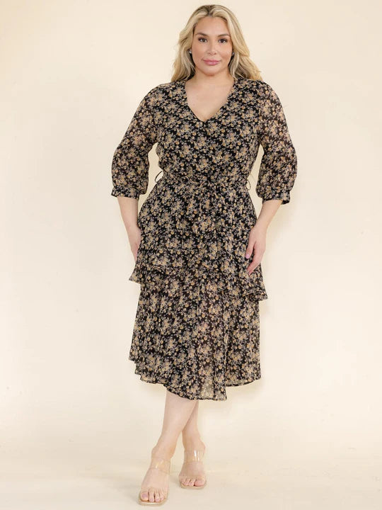 Plus Size 3-4 Sleeves Surplice Elastic Waist Self Tie Floral Print Midi Dress