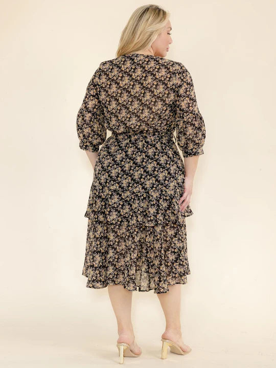 Plus Size 3-4 Sleeves Surplice Elastic Waist Self Tie Floral Print Midi Dress