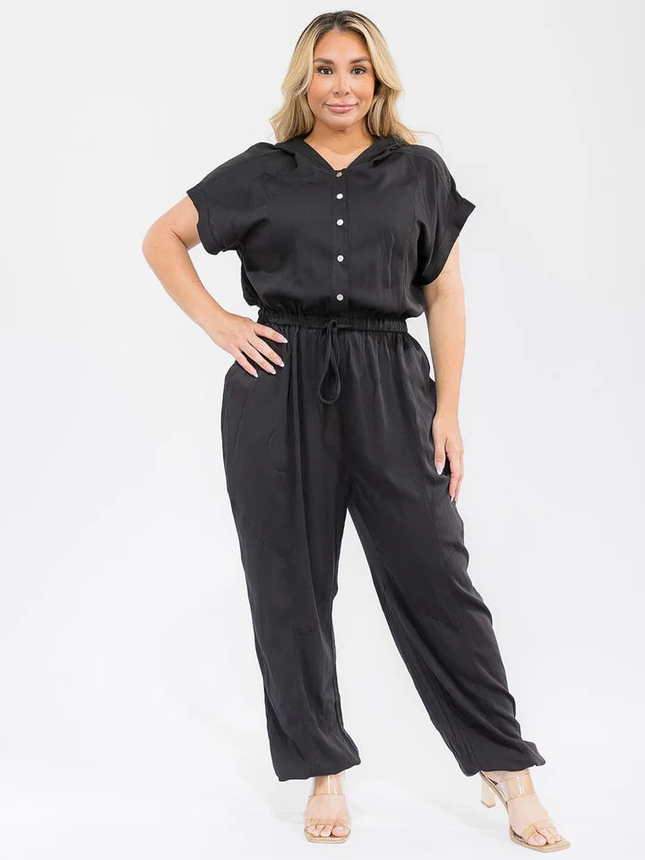 Plus Size Short Sleeve Button Up Adjustable Waist Hooded Jogger Jumpsuit