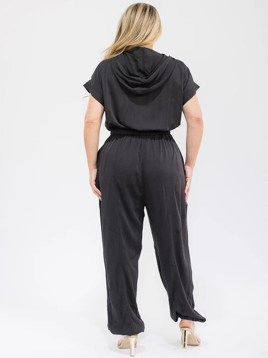 Plus Size Short Sleeve Button Up Adjustable Waist Hooded Jogger Jumpsuit