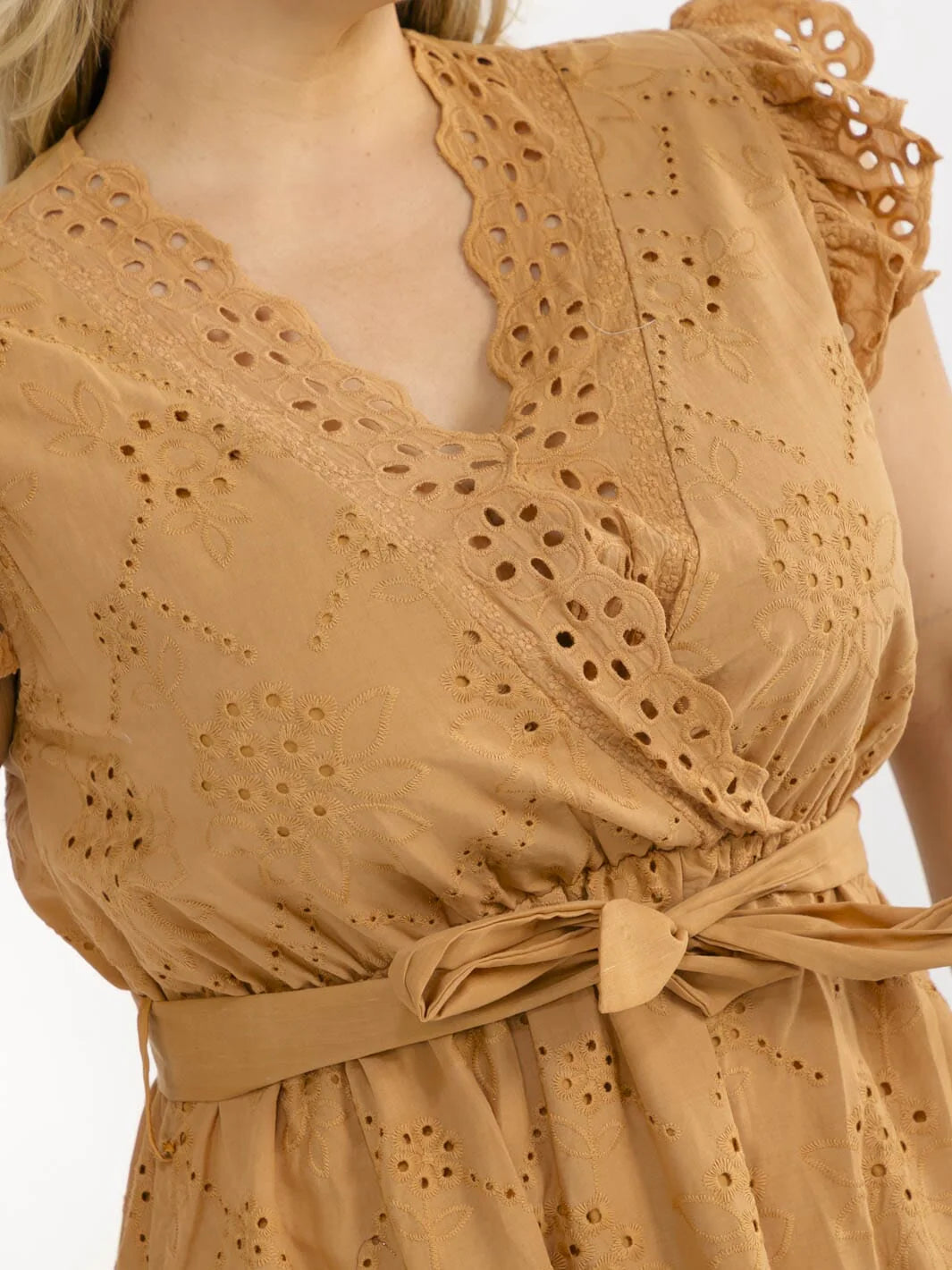 Plus Size Ruffle Sleeve Surplice Elastic Waist Eyelet Maxi Dress featuring ruffle sleeves and intricate eyelet details.