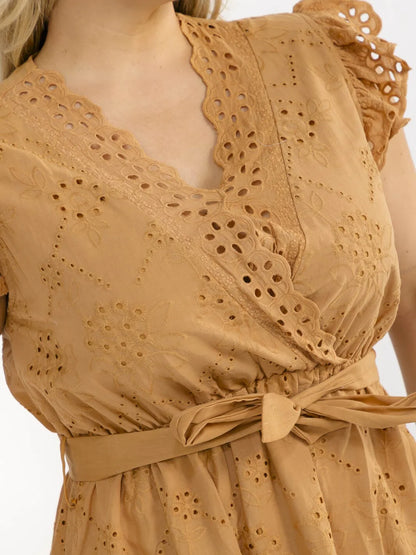 Plus Size Ruffle Sleeve Surplice Elastic Waist Eyelet Maxi Dress featuring ruffle sleeves and intricate eyelet details.