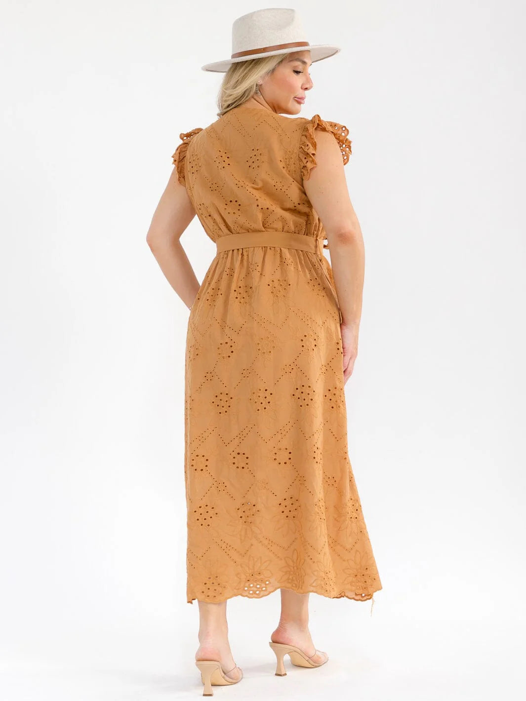 Plus Size Ruffle Sleeve Surplice Elastic Waist Eyelet Maxi Dress worn from the back, showcasing its elegant design and fabric.
