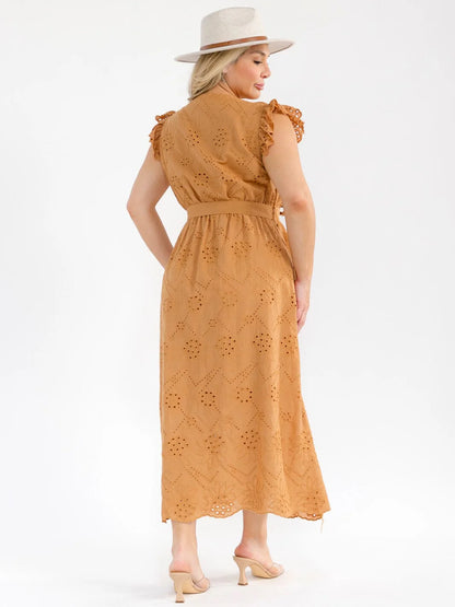 Plus Size Ruffle Sleeve Surplice Elastic Waist Eyelet Maxi Dress worn from the back, showcasing its elegant design and fabric.