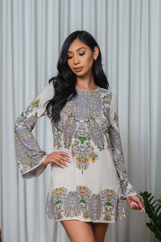 Paisley Motif Adorned Long Bell Sleeve Tunic Mini Dress with Round Keyhole Tie Back in Beige