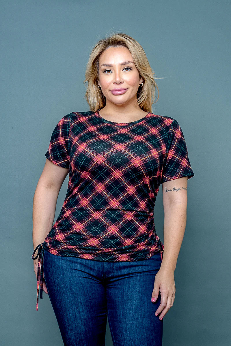 Plus Size Argyle Print Short Sleeve Top with Drawstring Ruched Sides
