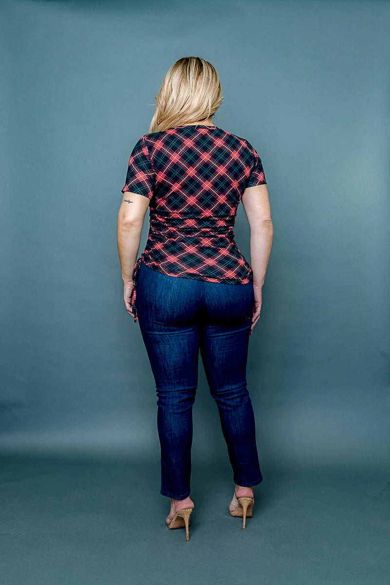 Plus Size Argyle Print Short Sleeve Top with Drawstring Ruched Sides