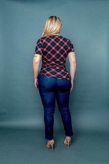 Plus Size Argyle Print Short Sleeve Top with Drawstring Ruched Sides