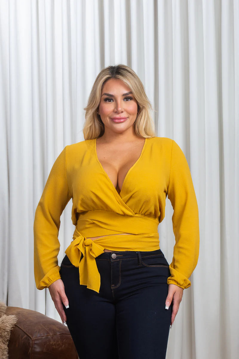 Plus Size Crepe Long Bishop Sleeve V Neck Wrap Crop Top in Mauve