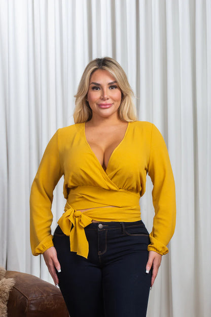 Plus Size Crepe Long Bishop Sleeve V Neck Wrap Crop Top in Mauve