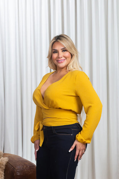 Plus Size Crepe Long Bishop Sleeve V Neck Wrap Crop Top in Mauve