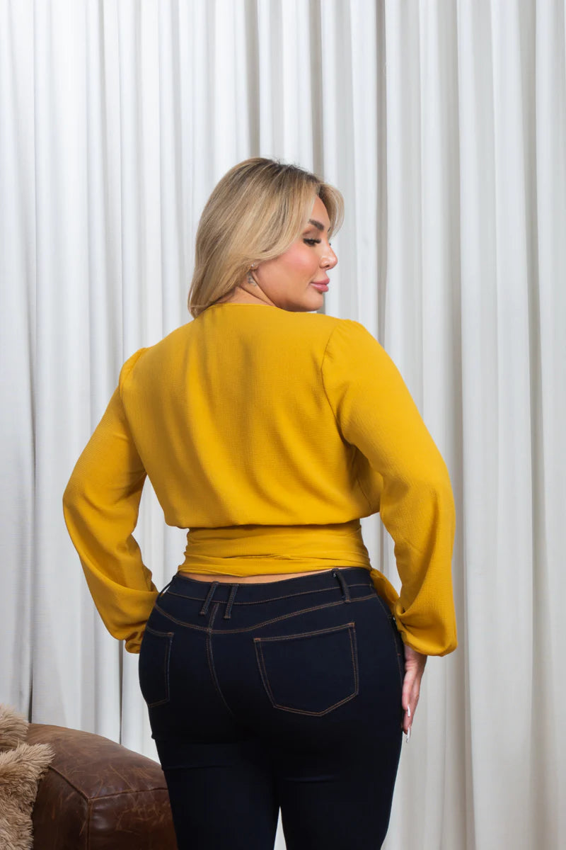 Plus Size Crepe Long Bishop Sleeve V Neck Wrap Crop Top in Mauve