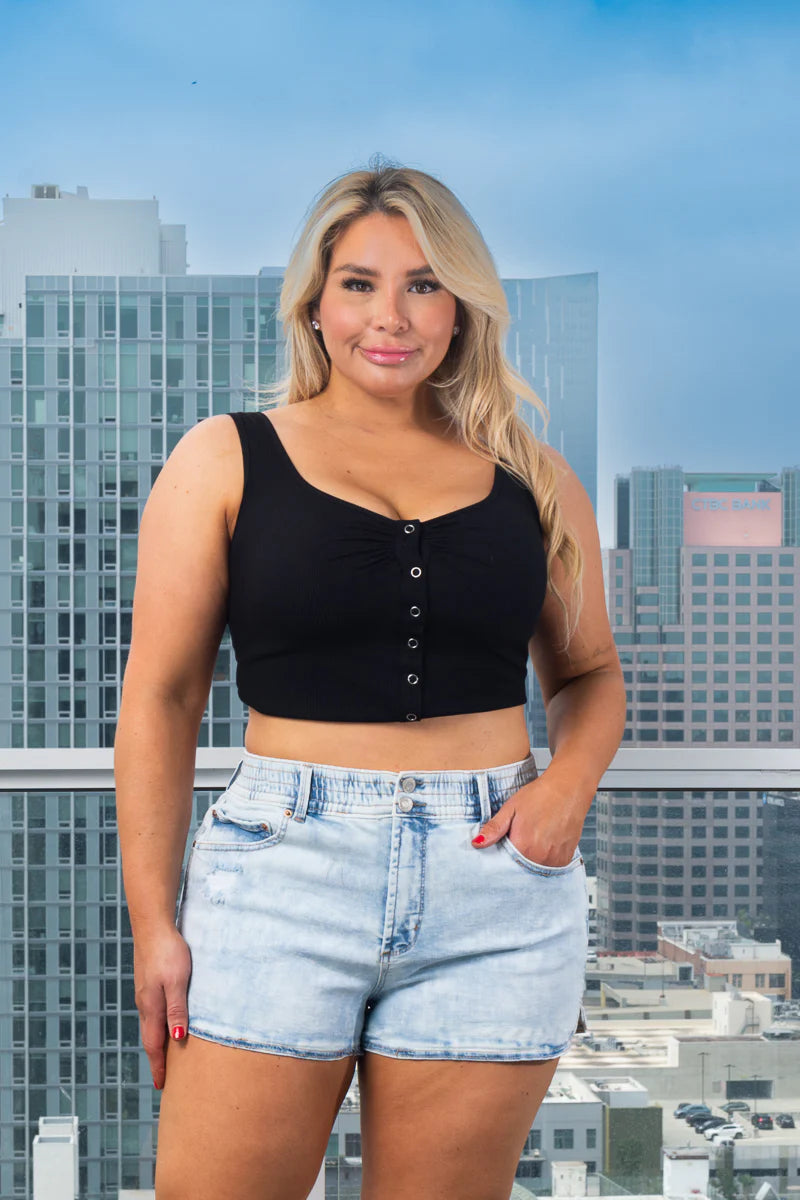 Plus Size Denim Jean 2 Button Fly Mini Shorts with Dolphin Hem in Bleached Blue