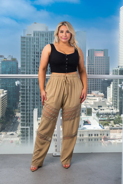 Plus Size Drawstring and Elastic Waist Pants With Lace detail on Legs
