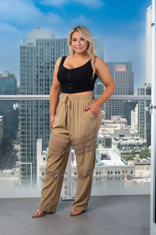 Plus Size Drawstring and Elastic Waist Pants With Lace detail on Legs