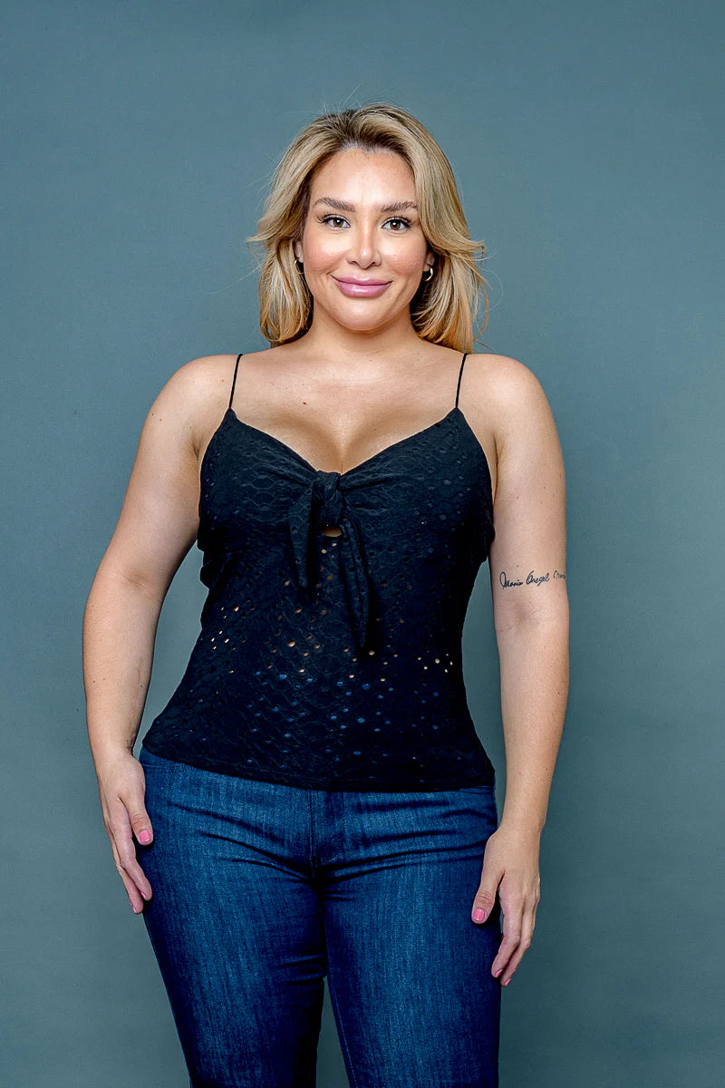 Plus Size Eyelet Poly Bow Tied V Neck Spaghetti Strap Top