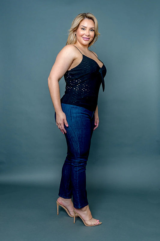 Plus Size Eyelet Poly Bow Tied V Neck Spaghetti Strap Top