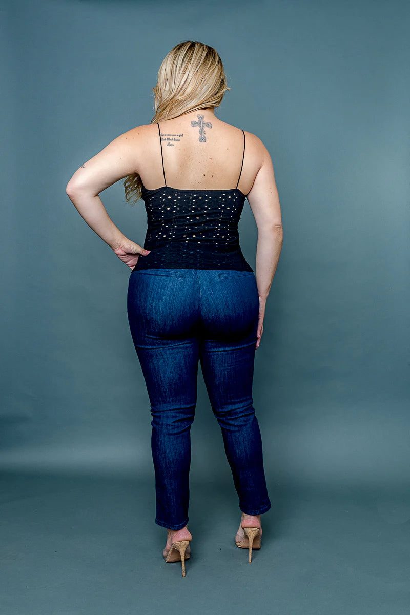 Plus Size Eyelet Poly Bow Tied V Neck Spaghetti Strap Top