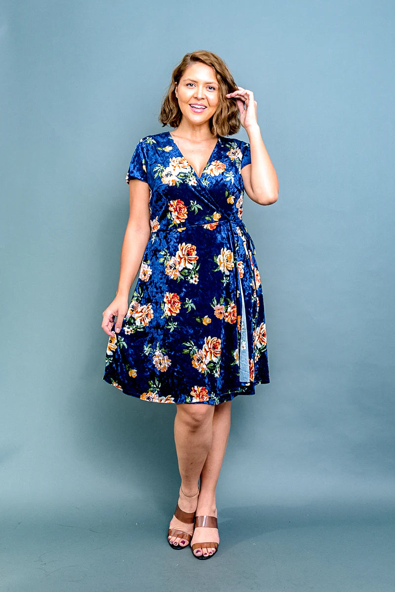 Plus Size Floral Print Velour Surplice V Neck A Line Midi Dress with Tie Waist