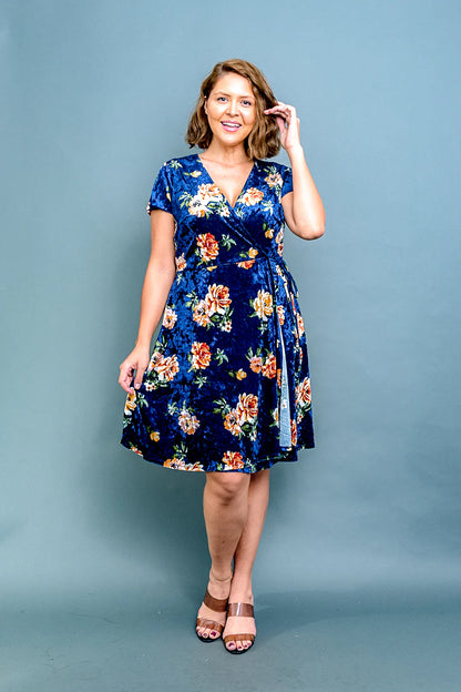 Plus Size Floral Print Velour Surplice V Neck A Line Midi Dress with Tie Waist