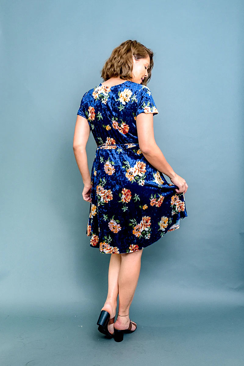 Plus Size Floral Print Velour Surplice V Neck A Line Midi Dress with Tie Waist